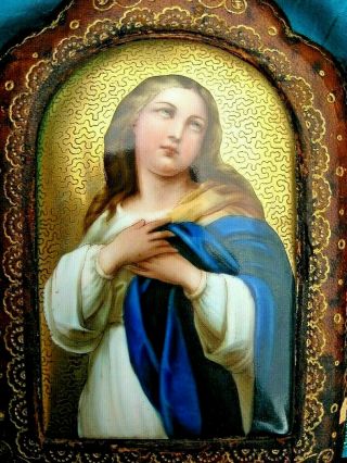 An Antique Hand Painted On Porcelain Of The Virgin Mary Leather Frame Kpm Style
