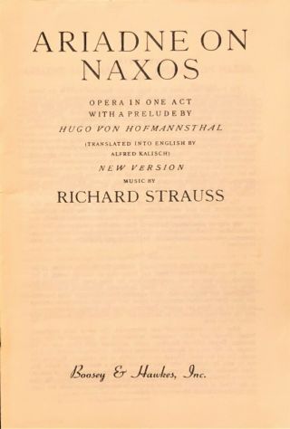 Rare Libretto - Ariadne On Naxos - Richard Strauss - Opera (1944)