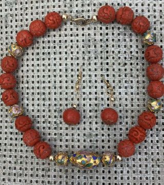 Antique Chinese Carved Faux Cinnabar & Cloisonné Bead Necklace & Earrings
