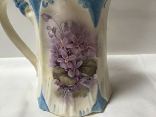 Antique European Ceramic PITCHER/FLOWER POT Hand Painted Purple Violets/Signed 2