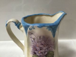 Antique European Ceramic PITCHER/FLOWER POT Hand Painted Purple Violets/Signed 3