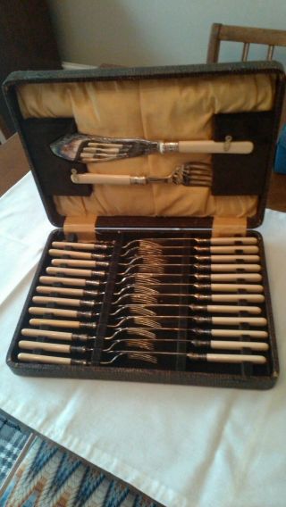 Cutlery Set,  12 Fish Knifes & Forks,  Plus Serving Set.  Epns.  Circa 1910