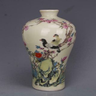 Chinese Old Porcelain Vase Pink Flowers And Birds Rich Tumei Bottle