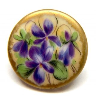 Antique Button Hand Painted & Gilded Porcelain Stud W Purple Flower