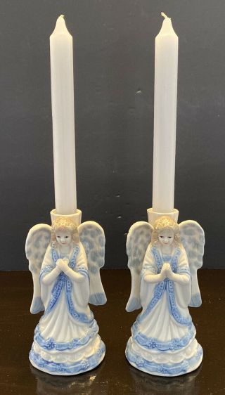 Vintage Danish? Blue & White Ceramic Pillar Candle Holder Stick Angels Praying