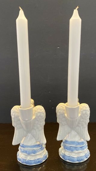Vintage Danish? Blue & White Ceramic Pillar Candle Holder Stick Angels Praying 2