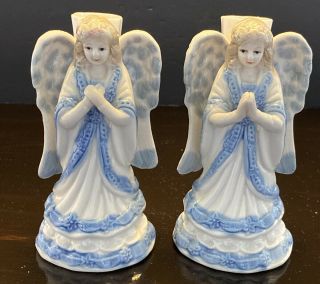 Vintage Danish? Blue & White Ceramic Pillar Candle Holder Stick Angels Praying 3