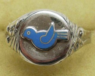 Antique 925 Sterling Silver Art Deco Blue Enamel Bird Designer Ring (size: 9)