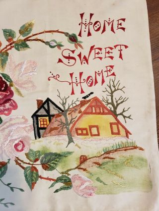 Rare Antique Arts And Crafts Hand Embroidery Linen Home Sweet Home Pillow - Cover