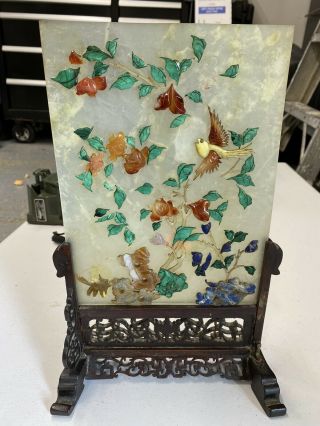 Antique Chinese Oriental Decorative Jade Table Screen With Ornate Wood Stand.