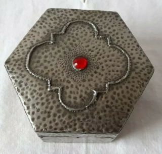 Arts And Crafts Hammered Pewter Trinket Box With Red Cabachon Detail