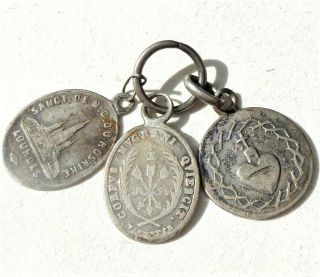Ring With 3 Antique Solid Silver Religious Medal Pendants