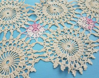Antique Or Vintage Hand Made Crocheted Lace Doily Ecru & Pink Multi Color 8 " X12 "