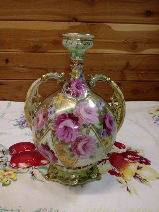 Antique Hand - Painted Roses / Ornate Gold Moriage Double - Handled Vase/urn 9 1/2 " H