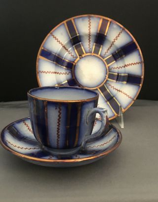 Antique Flow Blue Ironstone & Copper Lustre Cup Saucer & Dish Set Circa 1835.
