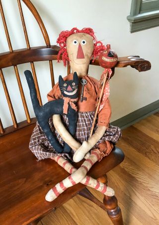 Primitive Folk Art Fabric Doll Pumpkin Black Cat Halloween Raggedy Ann