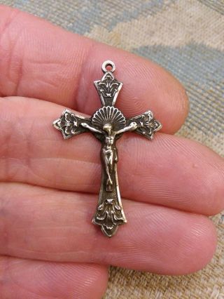 Antique French Fleur De Lys Sterling 800 Silver Crucifix Pendant