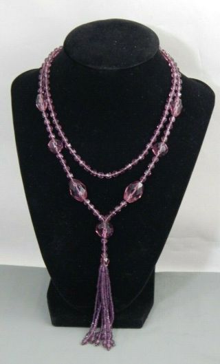Antique Victorian Faceted Purple Amethyst Glass Bead Tassel Drop Necklace 30 "