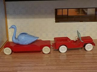 Rare Vintage Best Miniature 1:12 1:16 Dollhouse Red Jeep Truck Pulling Swan Car