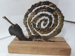 Vintage Mcm Brutalist Torch Cut Metal Snail Sculpture On Wood Base,  Figurine