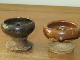 Antique Japanese Ceramic Pottery Footed Cup Oil Lamps From Edo Era 1700s - 1800s