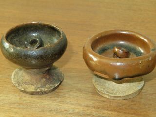 ANTIQUE JAPANESE CERAMIC POTTERY FOOTED CUP OIL LAMPS FROM EDO ERA 1700s - 1800s 2