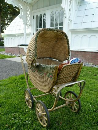 Antique Wicker Baby Doll Buggy Carriage Stroller All
