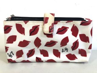 Lulu Guiness Red Lips Cosmetic Make Up Bag Dual Zipper Pouches Rare