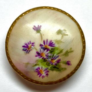 Antique Button Gorgeous Lg Hand Painted Porcelain Stud With Florals