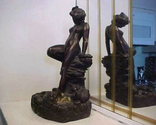 Rare Art Deco Nouveau Kbw Nude Lady W Frog Bronze Clad Statue Bookend -