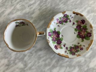 vtg floral teacup saucer set china gold scallop flowers porcelain purple vintage 2