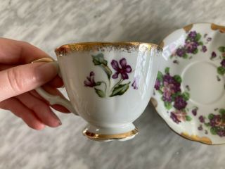 vtg floral teacup saucer set china gold scallop flowers porcelain purple vintage 3