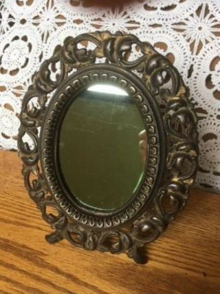 Vintage Cast Metal Oval Table Mirror Frame With Stand