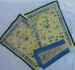 3 Antique Chinese Embroidered Silk Panels With Yellow Silk