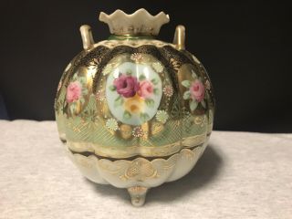 Antique Hand Painted Nippon Two Handled Floral & Gilt Vase -
