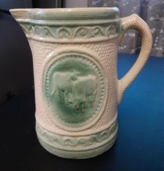 Antique Green & Cream Salt Glaze Stoneware Cow Pitcher 8 " Yelloware Pottery