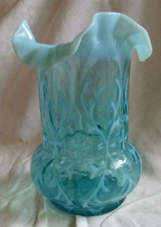 Antique Northwoods Glass Blue Ruffled Celery Vase With Fern Opalescent Pattern