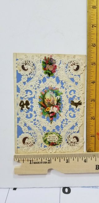 Antique CUTE BOY SAILING GREETING CARD Die Cut LACE Gilded FLOWERS A1 2