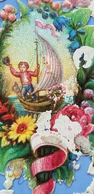 Antique CUTE BOY SAILING GREETING CARD Die Cut LACE Gilded FLOWERS A1 3