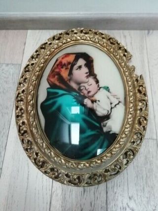 Lighted Glass Madonna & Child By Ferruzzi In Gilt Wooden Frame Italy Rare
