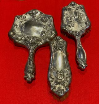 Antique Art Nouveau Figural Silver Plate Brush And Mirror Set With Cherubs