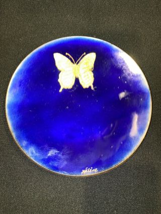 Mid - Century Modern Art Enamel on Copper BUTTERFLY Plate Dish Bowl Signed HELENE 2