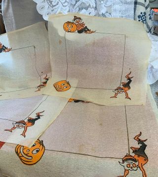 Rare,  4 Vintage Halloween Crepe Paper Place Mats W/ Pixie And Pumpkin Has Foxing