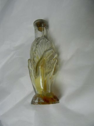 Very Old Antique Perfume Bottle With Old Cork,  Hand Holding A Flower,  All Glass,