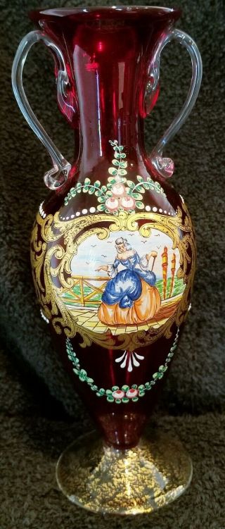 Gorgeous Antique Bohemian Ruby Handpainted Design Bud Vase Fabulous
