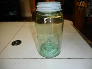Antique Quart " Boyd Perfect Mason " Light Green Canning Jar With Zinc Lid.
