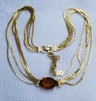 Extremely Rare Christian Dior With Center Topaz Rhinestone Multistrand Necklace