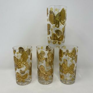 Rare Set/4 Vintage Culver Textured Gold Butterfly Highball Cocktail Classes