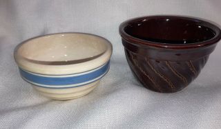 2 Antique Stoneware Yellow Ware Small Bowl Blue Stripe Brown Primitive