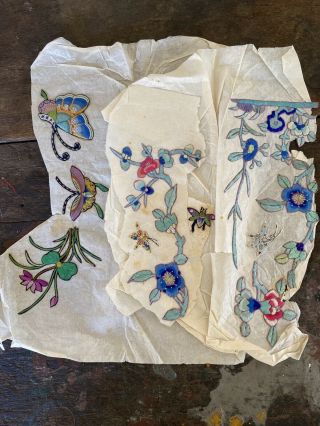 Antique Qing Chinese Silk Embroidered Appliqués Robe Textile Moths Butterflies 2